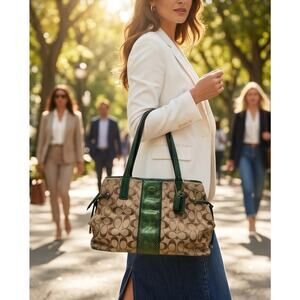 Coach Signature Python Stripe Carryall Tote Bag Khaki & Green F24882 READ